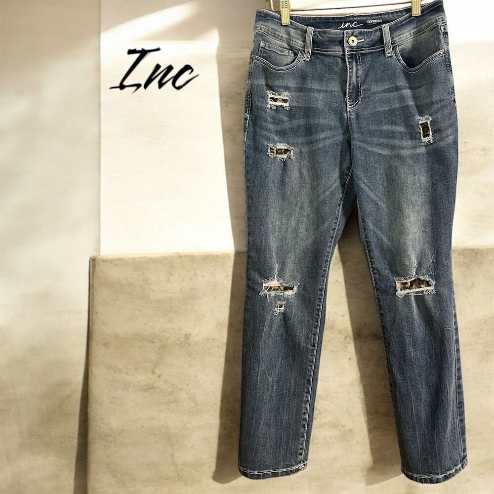 Inc Blue Denim Stretch Cutout Leopard Print Straight Leg Regular Fit Y2K Jean